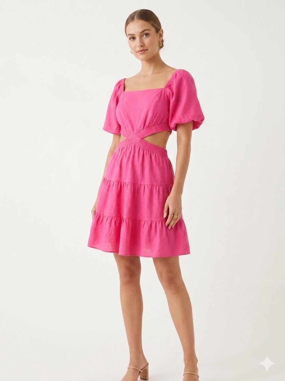 Bright Pink Cutout Puff-Sleeve Tiered Mini Dress - Picture 1 of 8